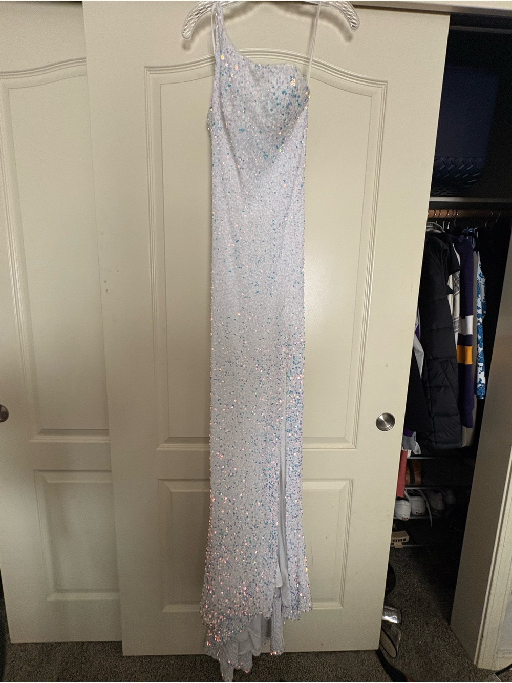 One-Shoulder Light Blue Sequin Evening Gown